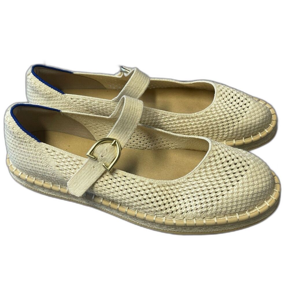 Rothy's Women's Mary Jane Flats Sz 12, Cream Woven Knit Espadrille Summer Shoes